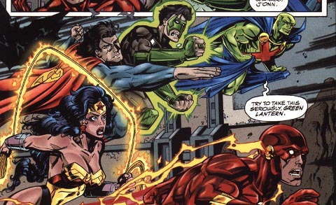 Image: Giant Spitcurl Superman, Grimacing Green Lantern, Martian Manhunter picking up his skirts, Very Surprised Wonder Woman, Popeye Flash